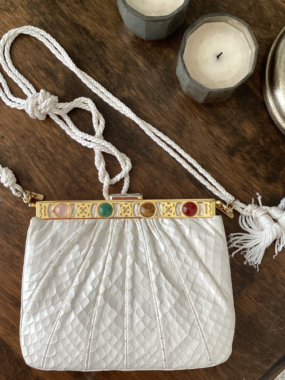 Judith Leiber White Snakeskin Clutch with Multicolor Gem Frame